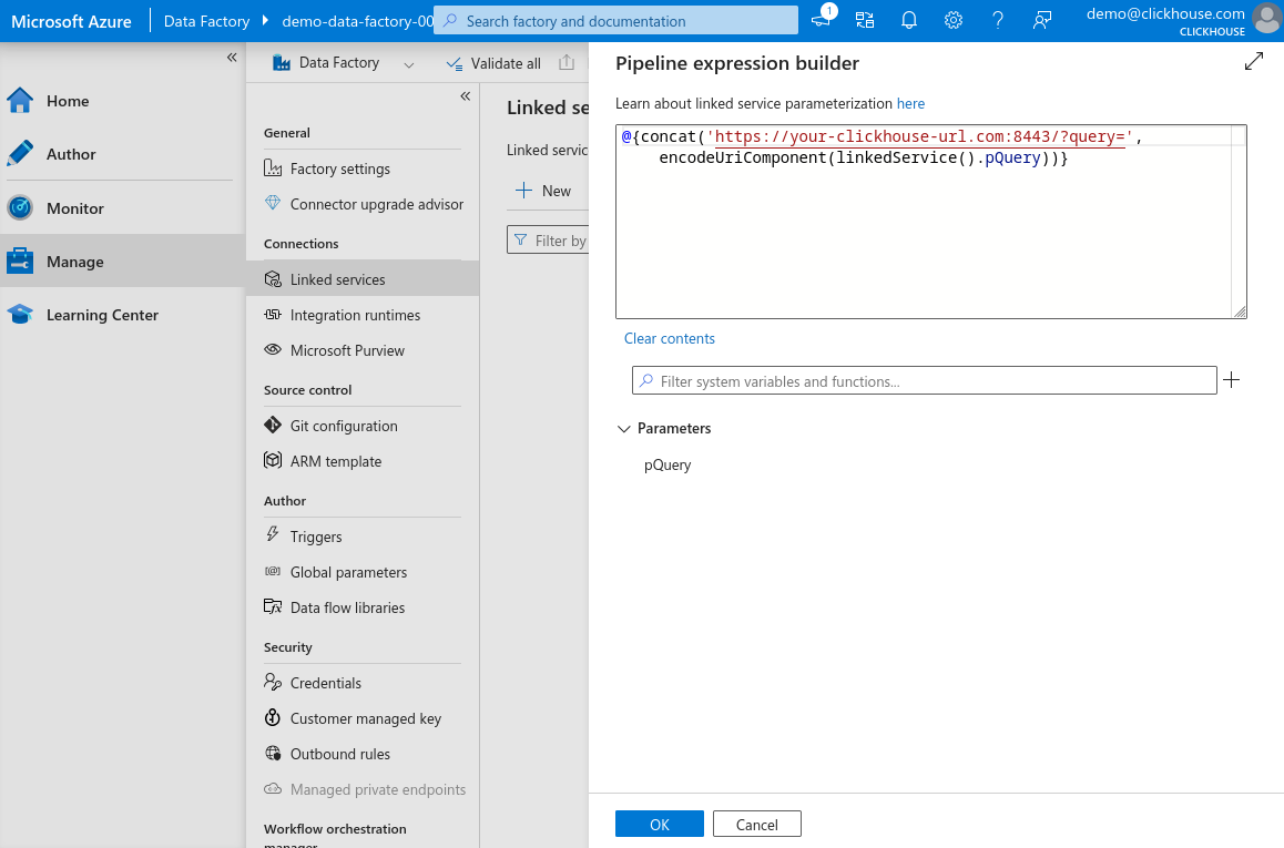 Поле выр�ажения новой связанной службы заполнено